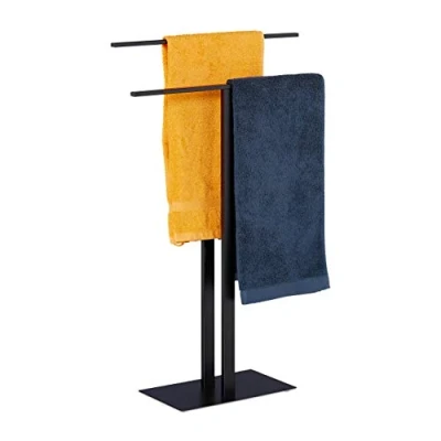 Image de Relaxdays Porte Serviettes, 2 Barres, Autonome, Salle de Bain, Fer, Valet Chambre Double HLP: 82 x 50 19 cm, Noir, 1 élément