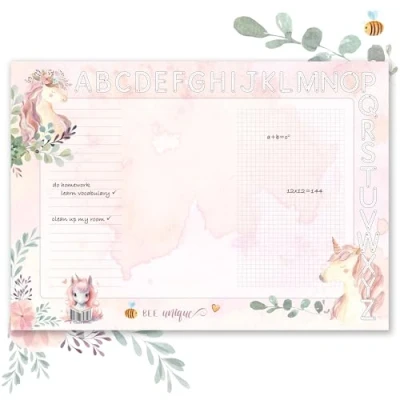 Image de TOBJA Sous main DIN A3 pour fille Design licorne mignonne papier épais de 90 g/m² Avec barre ABC à colorier Parfait la rentrée des classes en 25 feuilles