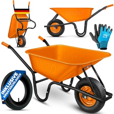 Image de MASKO® brouette de Chantier, Jardin 100 litres jusqu&#039;à 250kg pneus gonflables avec Jante en Acier galvanisé Cadre Transport, Gants Travail Inclus