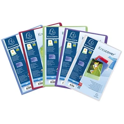 Image de Exacompta Réf. 5729E Paquet de 5 Protège documents Kreacover Chromaline 20 pochettes cristal lisse 40 vues pour A4 dim 24 x 32 cm couverture en polypro semi rigide couleurs assorties