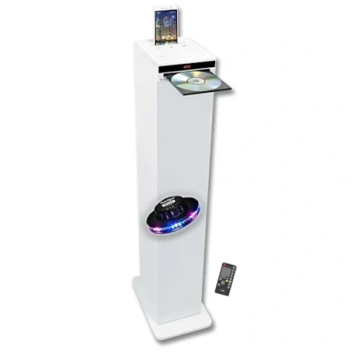Image de gef roy Enceinte Colonne Blanche avec Lecteur CD, Bluetooth, FM et USB, 60W, télécommande, Jeu de lumière OVNI LED