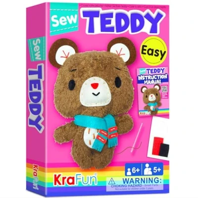 Image de KRAFUN Kit de couture d&#039;ours en peluche pour enfants débutants My First Art &amp; Craft, comprend une poupée peluche, des instructions et matériaux feutre apprendre à coudre