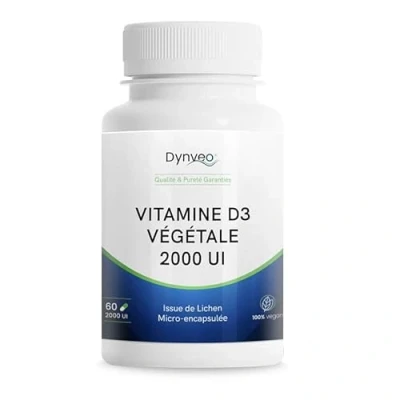 Image de Vitamine D3 Végétale Cholécalciférol 60 Gélules 2000 UI par gélule Source Naturelle issue du Lichen Forme active micro encapsulée Meilleure assimilation Vegan &amp; Sans Additifs Dynveo