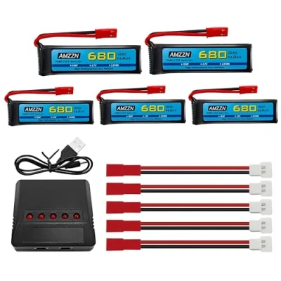 Image de AMZZN 5 pièces 3,7V 680mAh 1S Lipo Batterie JST Prise avec Chargeur en 1 adapté pour UDI U817 U818A V959 V222 V929 S032 Drone de contrôle à Distance, Quatre Axes Secours d&#039;avions