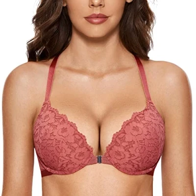 Image de DOBREVA Femme Soutien Gorge Fermeture Devant Push Up Decollete Plongeant avec Armature Dos Nageur Dentelle Crabes 105D