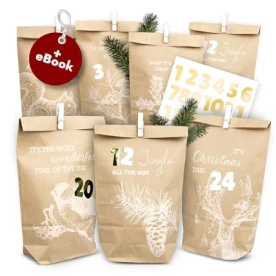 Image de AMARI ® Calendrier de l&#039;Avent à remplir Vintage White 24 Sacs en papier (avec des agrafes bois) réaliser Noël avec autocollants numérotés