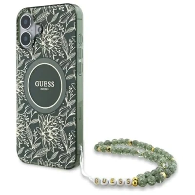 Image de Étui Guess pour iPhone 16 Plus 6.7 vert étui rigide IML Flowers Allover Electro With Pearl Strap MagSafe Neuf