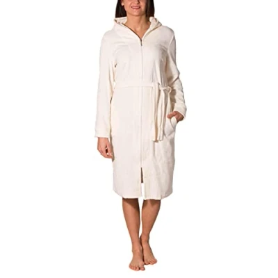Image de Aquarti Peignoir Femme avec Fermeture éclair et Capuche Robe de Chambre Zippée, Ecru, XXL