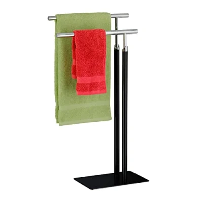 Image de Relaxdays Porte Serviettes autoportant, 2 Barres, sèche Salle de Bain, Acier, HLP : 78x44x20 cm, Noir/argenté