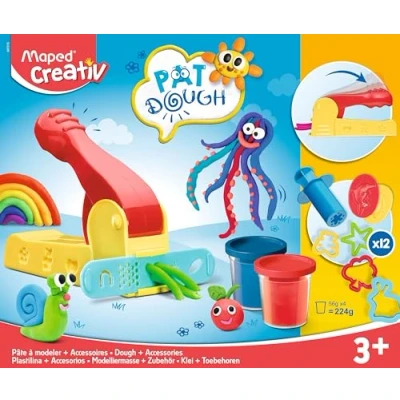 Image de Maped Creativ Pâte à Modeler Pat&#039;Dough pour Enfants Non Toxique et Douce 4 Pots de 12 accessoires 56g Blanc, Bleu, Rouge, Jaune