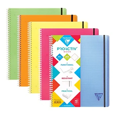 Image de Clairefontaine 328175C Proactiv&#039;Book Cahier Trieur à Spirale Perforé A4+ 22,5x29,7cm 160 Pages Détachables Petits Carreaux Cadrées avec Marge Papier Blanc 90g Couverture Polypro Couleur Aléatoire
