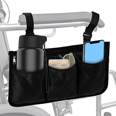 Image de Vesaneae Sac de Fauteuil Roulant, Sacoche Latérale Roulant Etanche Durable, Mains Libres Accoudoir à Suspendre Support Stockage pour Fauteuils Roulants, Landaus, déambulateur (Noir)