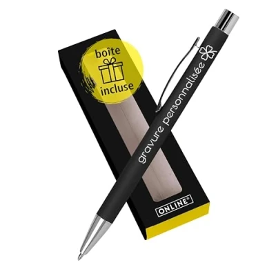 Image de Online stylo à bille personnalisé avec gravure laser noir I en métal dans une boîte cadeau personnel sensation douce au toucher