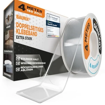 Image de BAURIX® Ruban Adhésif Double face [4m] extra fort transparent en silicone lavable Scotch ultra résistant