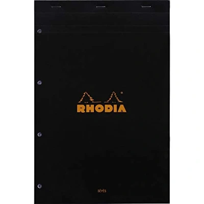 Image de RHODIA 201009C Bloc Notes Agrafé N20 Black A4+ 21 x 31,8 cm Grands Carreaux Seyès 80 Feuillets Détachables Perf 4 Trous Papier Clairefontaine Blanc g/m² Couverture en Carte Enduite