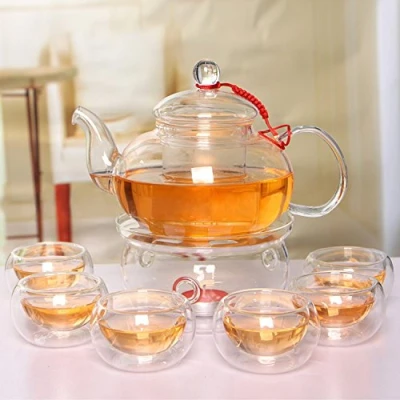 Image de Beddingleer théière en Verre 600 ML + 6 Tasses à thé Chauffe avec Filtre et Couvercle Borosilicate de qualité supérieure