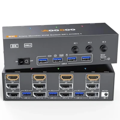 Image de Commutateur KVM 3 moniteurs ordinateurs 8K@60Hz 4K@144Hz, HDMI + 2 Displayport Switch triple moniteur pour PC et 4 appareils USB 3.0, télécommande filaire inclus