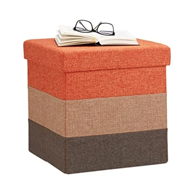 Image de Relaxdays 10022866_491 Tabouret Cube carré Pliant Coffre de Rangement Pliable Pouf rayé Tricolore HxlxP: 38 x 38cm, Brun, Orange/Marron, cm