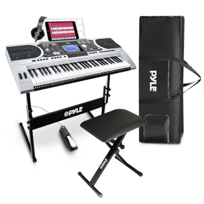 Image de Pyle Piano Numérique Portable 61 Touches 2 en 1 pour Jouer et Chanter avec Pédale de Sustain Casque Housse Résistante aux Intempéries Tabouret Support Clavier