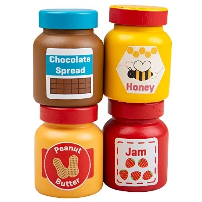 Image de Bigjigs Jouets Pots en Bois et écarts (Chocolat, Miel, Beurre d&#039;arachide Confiture)