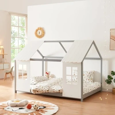 Image de [en.casa] Lit Cabane avec Fenêtres et Toit Enfant Forme Maison Design Sommier à Lattes pour Chambre d&#039;enfant en Bois de Pin Contreplaqué 140 x 200 cm Gris Blanc