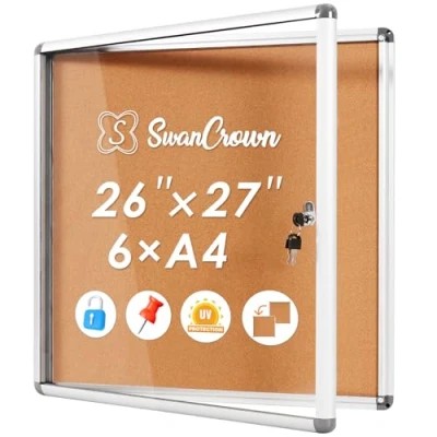 Image de SwanSea Tableau d&#039;affichage verrouillable, liege en aluminuim, Vitrine avec serrure à clé interieur 67x72cm, format 6 x A4