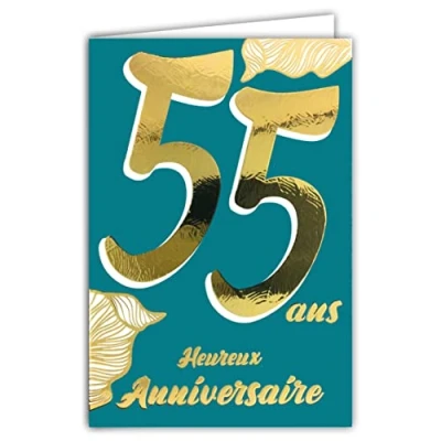 Image de Carte Anniversaire 55 ans en Or Doré Brillant Relief Texturé pour Homme Femme Texte Coloré Adapté à l’Âge l’Intérieur Enveloppe incluse Fabriquée France ColorAges Afie 69 2455