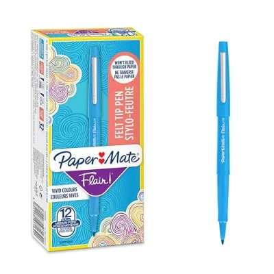 Image de Paper Mate Flair Feutres de Coloriage pointe moyenne (0,7 mm) encre bleu ciel boîte 12
