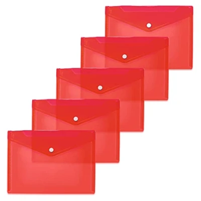 Image de HERMA 20054 Lot de 5 pochettes transparentes en polypropylène pour documents Format A5 (25 x 18 cm) avec bouton pression l&#039;école, l&#039;université, le bureau, les enveloppes rouge