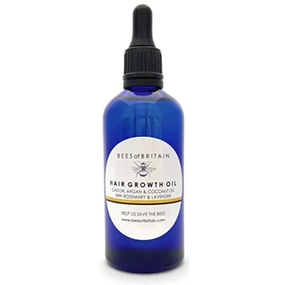 Image de 100% Naturel HUILE CROISSANCE CHEVEUX RICIN, ARGAN, COCO + ROMARIN &amp; LAVANDE 100 ml de BEES of BRITAIN. Serum Pousse Nourrissant des Cheveux. On Donne 5% Bénéfices Pour Sauver les Abeilles.