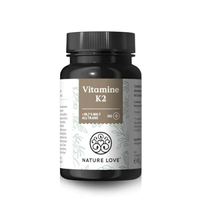 Image de NATURE LOVE® Vitamine K2 MK7 365 comprimés 100µg par comprimé ménaquinone MK 7 à teneur all trans &gt; 99,7% hautement dosé, végane, contrôlé en laboratoire et produit Allemagne