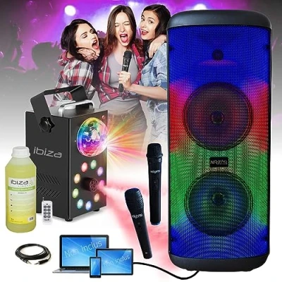 Image de Mooving Light &amp; Sound Pack Enceinte Karaoké Nomade MS ELCTRO SOUND600 600W USB Bluetooth SD 2 Micros Machine Fumée LED Foggy Astro Anniversaire Cadeau