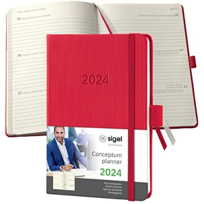 Image de SIGEL C2465 Agenda semainier 2024, A6, couverture rigide, rouge Conceptum
