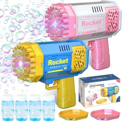 Image de JEDWKFA 2 Pièces Pistolets à Bulles, 40 Trous Gatling Machine a Bulle, Bazooka Bulle avec LED, 4 Bouteilles de Bulles pour Jeux Exterieur, Mariage, Soirées