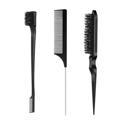 Image de 3 Pièces Brosse à Taquiner, Peigne de Cheveux, Double Tranchant, Queue Rat, Set pour Salon Coiffure, Femmes, Hommes, Enfants, Noir