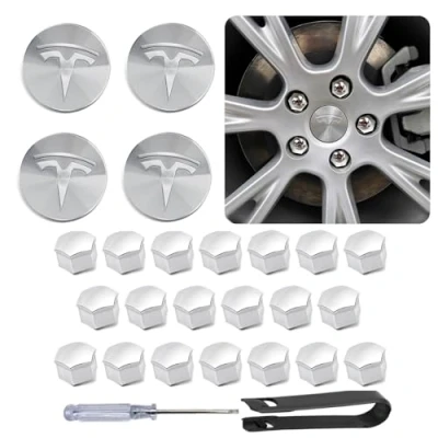 Image de CitiGo Tesla Model Y/Model 3 Kit d&#039;enjoliveurs (argent) 4 cache moyeux + 20 écrous de roue