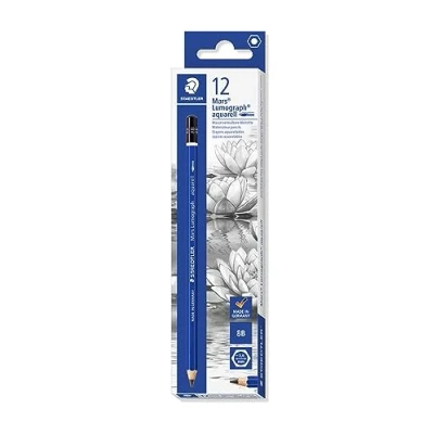 Image de Staedtler Mars Lumograph Aquarell, crayons graphites aquarellables 8B, Utilisables à sec ou l&#039;eau, Étui carton avec 12 100A 8B VE