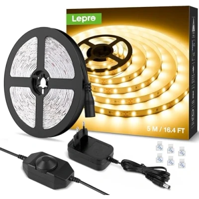 Image de Lepro 5M Ruban LED Blanc Chaud Dimmable 12V 3000k 300LEDs V2835, Bande Autocollant Réglable via Variateur pour Miroir Dressing, Meuble, Escalier, Chambre, Cuisine