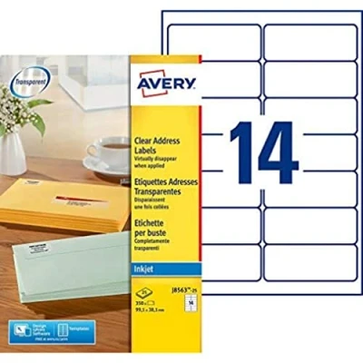 Image de AVERY Pochette de 350 étiquettes transparentes autocollantes, Personnalisables et imprimables, Format 99,1 x 38,1 mm, Impression jet d&#039;encre, (J8563 25)