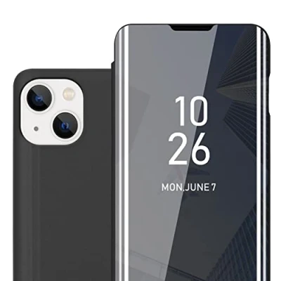 Image de Coque pour Apple iPhone 14 en TOURMALINE NOIR Clear View Housse de Protection Étui miroir avec fonction support à 360 degrés Neuf