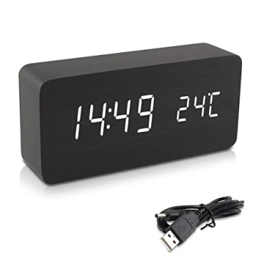 Image de kwmobile Réveil Bois LED Horloge Digitale Aspect Matin Tactile avec Fonction Date Heure Température Rectangle Noir et Blanc