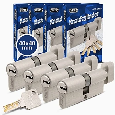 Image de GERCAR Lot de 4 cylindres serrure à bouton 40/40 Massifs Avec poignée En laiton nickelé mat 10 clés réversibles Longueur : 80 mm, A 40 B x