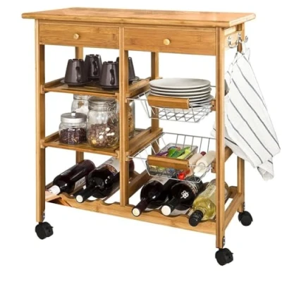 Image de BAKAJI Desserte de Cuisine en Bois Bambou avec Plateau Planche à découper tiroirs Unique