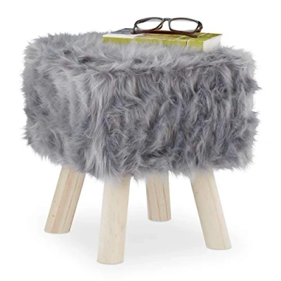 Image de Relaxdays Tabouret en Fourrure Synthétique,ottomane, Pieds Bois, Table de Maquillage, HlP 37x32x32cm, Gris, 1 élément