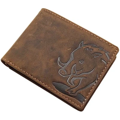 Image de Cuir de Buffle Porte Monnaie avec Sanglier Motif en Format Oblong Blocage RFID et NFC Marron (Modéle 2 / Oblong)