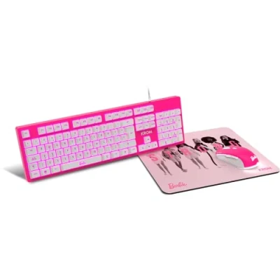 Image de KROM Kit clavier, souris et tapis de édition Barbie KANDY Clavier à membrane LED blanche, optique 6400 DPI, en caoutchouc souple résistant, Layout Espagnol, rose.