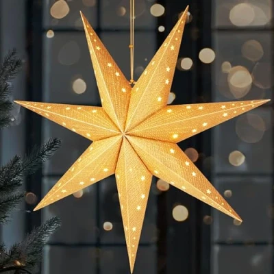Image de BRUBAKER Étoile de Noël LED à Suspendre Papier 60 cm avec 7 Pointes l&#039;Avent 3D Fonctionne des Piles, Suspendue et Illuminée lumineuse Décoration Or