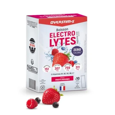 Image de Overstim.s Boisson Electrolytes (10 Sachets) Zéro Calorie 4 électrolytes (Sodium, Calcium, Magnésium, Potassium) 5 Vitamines (B1, B2, B3, B6, C) Fruits Rouges