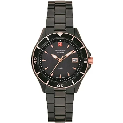 Image de Swiss Alpine Military Montre analogique à quartz 7740.1 pour femme en acier inoxydable, Noir/noir/nacré 1187sam, Bracelet