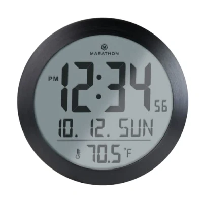 Image de Marathon Miami Horloge Murale numérique Ronde silencieuse Thermomètre intégrée Fixation ou Support Bureau Grand Affichage du Calendrier Grands Chiffres Noir Piles incluses